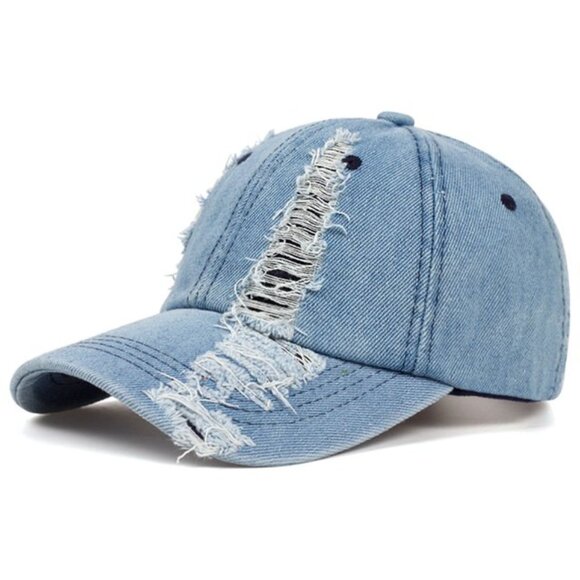 Light Blue Distressed Denim Baseball Cap Ripped‎ Hat For Women, Men Solid - Picture 1 of 5